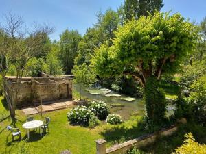 un jardín con mesa, sillas y un estanque en Gite du moulin, en La Mothe-Saint-Héray