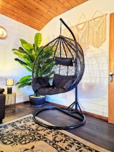 a hanging chair in a room with a rug at Magpie 4 Hot Tub Huntersmoon-Warminster-Bath-Salisbury in Warminster