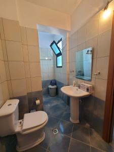 La salle de bains est pourvue de toilettes et d'un lavabo. dans l'établissement Olisa Apartment, à Vlorë