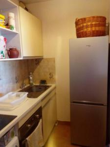 eine kleine Küche mit Spüle und Kühlschrank in der Unterkunft Mer et Soleil in Saint-Raphaël