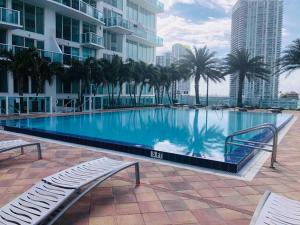 a large swimming pool with palm trees and buildings at Beautiful Brickell Loft with Free Parking in Miami