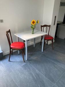 - une table avec deux chaises et un vase avec un tournesol dans l'établissement Schickes Apartment in Düsseldorf- Flehe, à Düsseldorf