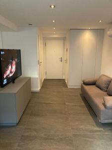 uma sala de estar com um sofá e uma televisão de ecrã plano em Schickes Apartment in Düsseldorf- Flehe em Dusseldorf