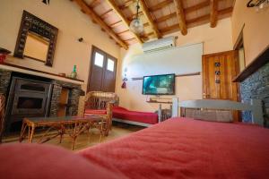 ein Schlafzimmer mit einem Bett, einem Kamin und einem TV in der Unterkunft Casa Santa Teresita in Cafayate