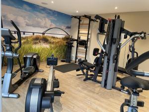 un gimnasio con máquinas de correr y un mural de un campo en Ferienbauernhof Liesenberg Jagdreihenhaus Hase, en Fehmarn