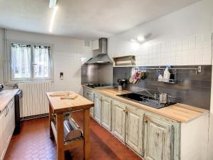 uma cozinha com um lavatório e um balcão em Ferme Gascone proche Marciac em Bars