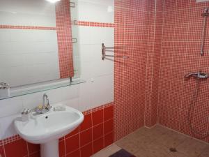 a bathroom with a sink and a shower with red tiles at ZEN SOUFRIERE in Saint-Claude