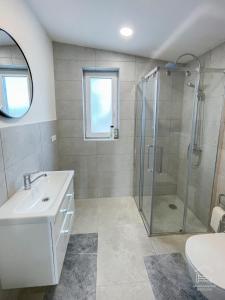 a bathroom with a shower and a sink and a mirror at Apartamentai Biržuose, Cozy Modern Bungalows in Biržai