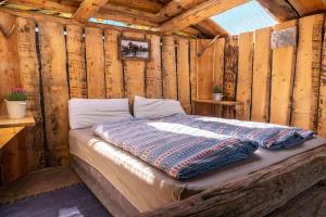 Tgamon Somtgant mit Glasdach في Malmigiuer: غرفة نوم بسرير في كابينة خشبية