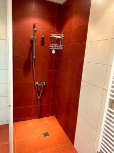 y baño con ducha de azulejos rojos. en Apartment VEDA 2, en Veliko Tŭrnovo