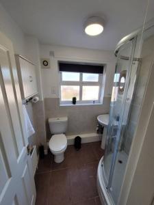 uma casa de banho com um WC, um lavatório e uma janela em 2 Bedroom end of terrace house em Wellington