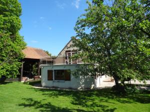 Villa de campagne avec piscine في Beaulieu-sur-Loire: بيت ابيض وفيه شجره في الساحه
