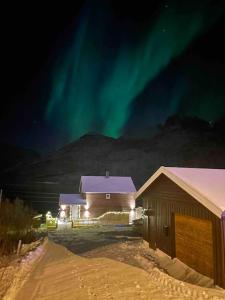 une maison avec l'aurore dans le ciel derrière elle dans l'établissement Fjordgård Mountain Aurora View, à Fjordgård