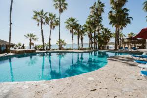 a large swimming pool with palm trees in the background at Hotel Rancho Buenavista in Los Barriles