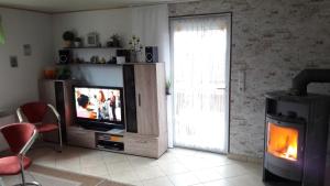 a living room with a television and a fireplace at Haus Sonne,Seeblick 57 in Boiensdorf