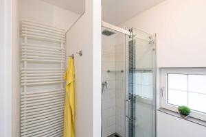 a bathroom with a shower with a glass door at Gerhart-Hauptmann-Strasse 1a Ferienhaus Alex in Kolpinsee