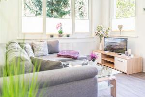 a living room with a couch and a tv at Gerhart-Hauptmann-Strasse 1a Ferienhaus Waldblick in Kolpinsee
