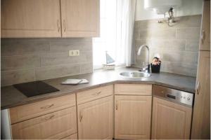 eine Küche mit Spüle und Arbeitsplatte in der Unterkunft Dorfstrasse34b Großer Bungalow in Ostseebad Kölpinsee