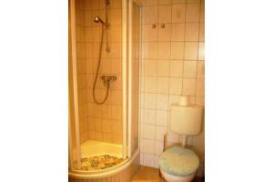 a bathroom with a shower and a toilet at Haus Antje Gartenbungalow in Kolpinsee