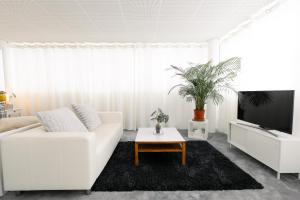 ロールにあるBusiness Sleeping Placeの白いリビングルーム(白いソファ、テレビ付)