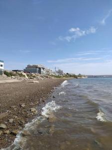 a beach with the ocean and buildings in the background at Del Santo San Rafael in Puerto Madryn