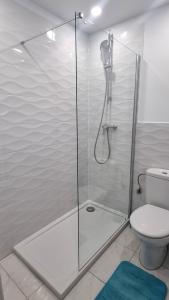 a bathroom with a glass shower with a toilet at Costa Adeje Modern Studio, close to the beach in Adeje