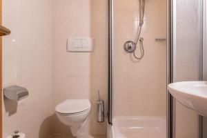 a bathroom with a shower and a toilet and a sink at Taufner Apartement B 102 in Parcines +22 photos