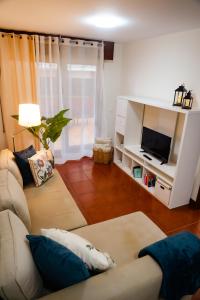 Apartamentos Costa Norte في سان فيسنتي ديلا باركيرا: غرفة معيشة مع أريكة وتلفزيون