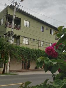 ein grünes Gebäude mit Blumen davor in der Unterkunft DIMASHQ in Penonomé