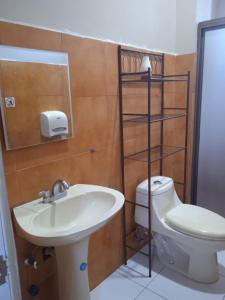 uma casa de banho com um lavatório, um WC e uma prateleira em DIMASHQ em Penonomé