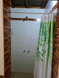 y baño con ducha y cortina de ducha. en Fánsil en San Juan
