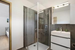 La salle de bains est pourvue d'une douche et d'un lavabo. dans l'établissement Lackner, à Teisendorf