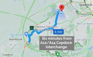 a map of six minutes from agazoccocoded interchange at Town House Chantry - With Self Check In and Free Parking - Rooms at ipswichdigs in Ipswich