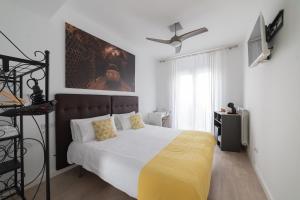 1 dormitorio con 1 cama y ventilador de techo en Hostal Puente de Hierro en Logroño