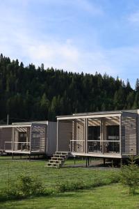 two modular homes in a field with trees in the background at River Cottage Complex in Richka