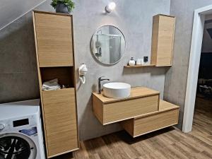 uma casa de banho com um lavatório e um espelho em Apartamenty ASLux - Noclegi Energylandia Zator em Zator