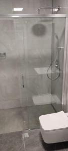 y baño con ducha de cristal y aseo. en Apartament Świdnica, en Świdnica