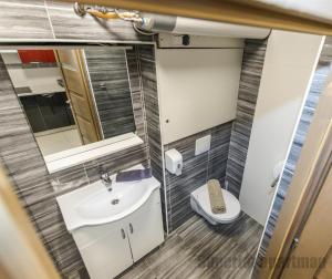 a small bathroom with a sink and a toilet at Tisza Gyöngye Apartmanok in Szeged