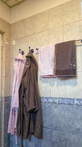 La salle de bains est pourvue de serviettes accrochées au mur. dans l'établissement Дионея, à Belogradchik
