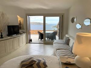 sala de estar con sofá y vistas al océano en San Teodoro Punta Est Magnifico Trilocale Vista Mare, en Capo Coda Cavallo