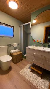 a bathroom with a toilet and a sink and a mirror at My Happy Garden 1500sq m in Ochsenfurt