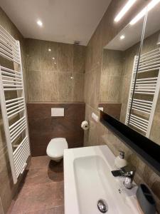 ein Badezimmer mit einem weißen Waschbecken und einem WC in der Unterkunft Erlebnisbauernhof Pension Waschnig in Sankt Kanzian am Klopeiner See