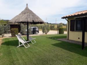 ein Paar Stühle unter einem Regenschirm im Hof in der Unterkunft Monolocale con giardino in Castiglione della Pescaia