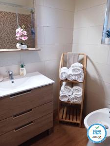 a bathroom with a sink and a towel rack with towels at Alves Nature Rooms in Arrifes