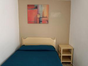 Un dormitorio con una cama azul y una pintura en la pared en Hotel Metropolitan II, en Irapuato