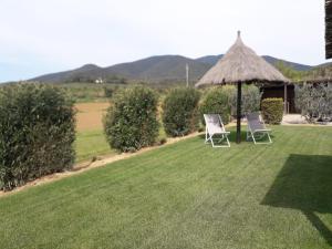 zwei Stühle und ein Regenschirm auf einem Rasen in der Unterkunft Monolocale con giardino in Castiglione della Pescaia