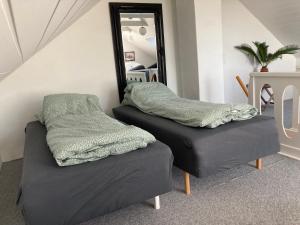 two beds in a room with a mirror at Idyllic country house in Vadum