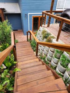 a wooden staircase leading to a yard with a house at Knysna Holiday Armadillo in Knysna