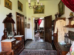ReichenbachにあるPark Villa Reichenbachの木製家具とシャンデリアが備わる客室です。