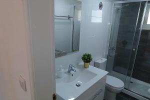 een badkamer met een wastafel, een douche en een toilet bij Lisboa/City/Sunny Apar/Metro/Airport/WiFi/Air Cond in Lissabon